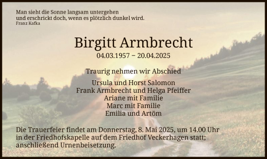 Todesanzeige von Birgitt Armbrecht von HNA