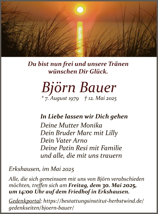 Todesanzeige von Björn Bauer von HNA