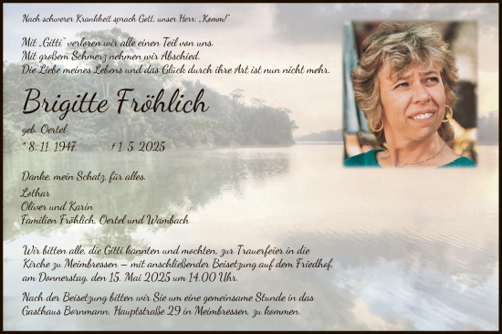 Todesanzeige von Brigitte Fröhlich von HNA