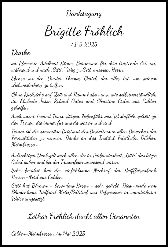 Todesanzeige von Brigitte Fröhlich von HNA