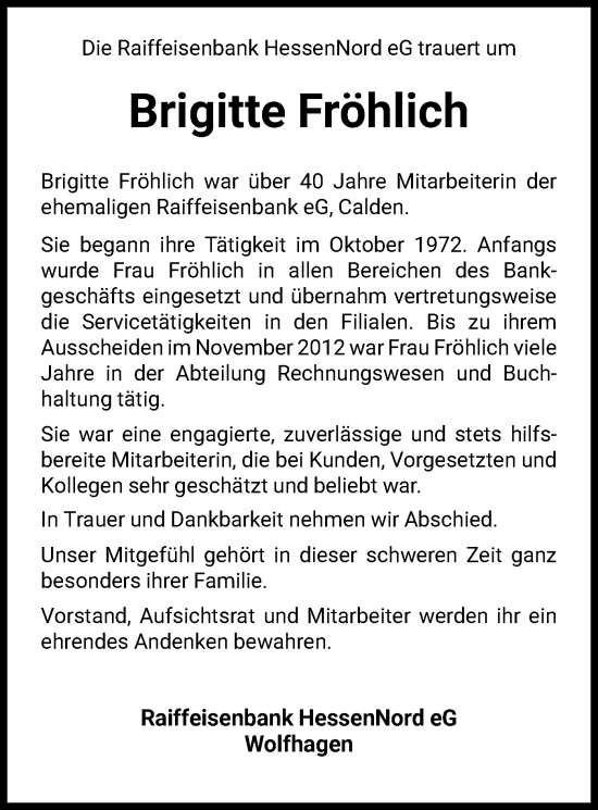 Todesanzeige von Brigitte Fröhlich von HNA