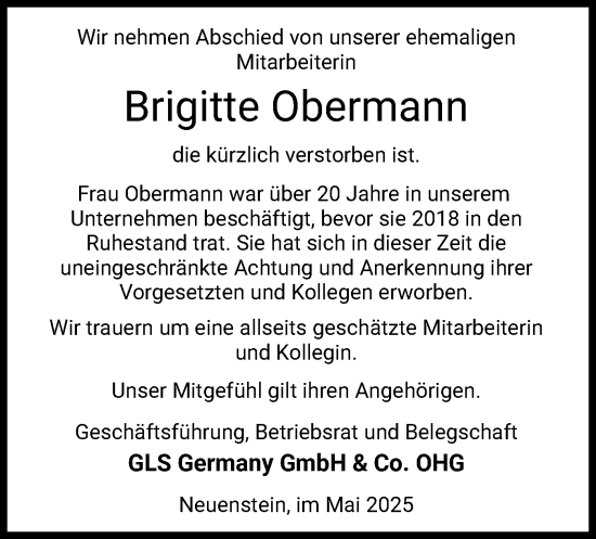 Todesanzeige von Brigitte Obermann von HNA