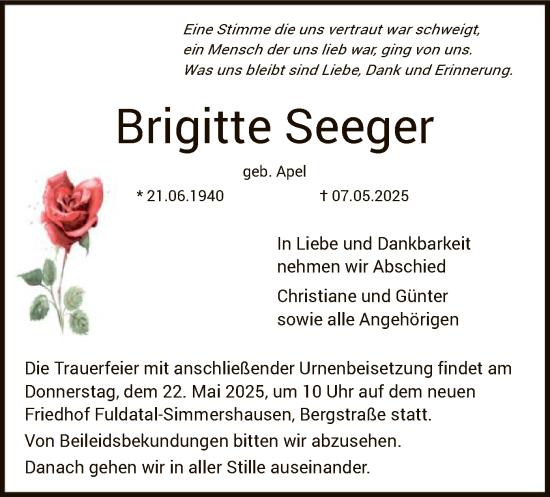 Todesanzeige von Brigitte Seeger von HNA