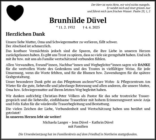 Todesanzeige von Brunhilde Düvel von HNA