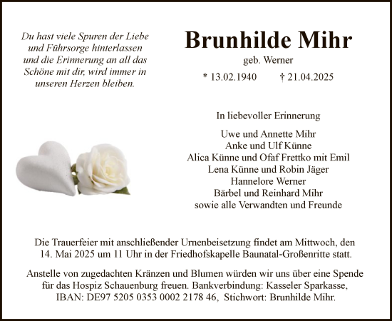Todesanzeige von Brunhilde Mihr von HNA