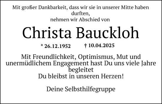 Todesanzeige von Christa Bauckloh von HNA