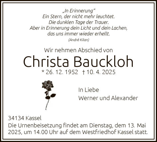 Todesanzeige von Christa Bauckloh von HNA