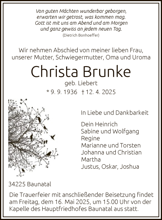 Todesanzeige von Christa Brunke von HNA
