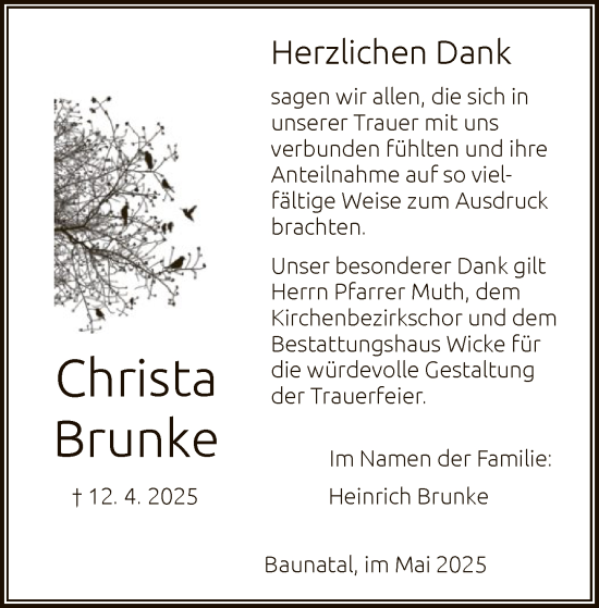 Todesanzeige von Christa Brunke von HNA