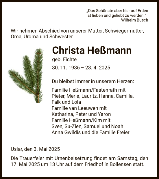 Todesanzeige von Christa Heßmann von HNA