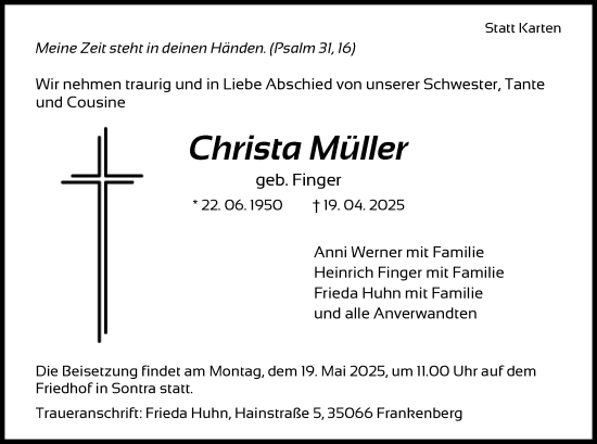 Todesanzeige von Christa Müller von HNAHNA