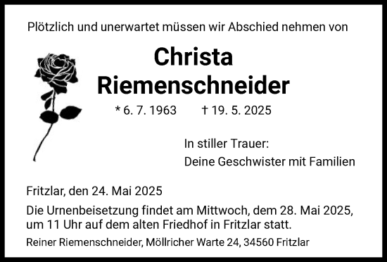 Todesanzeige von Christa Riemenschneider von HNA