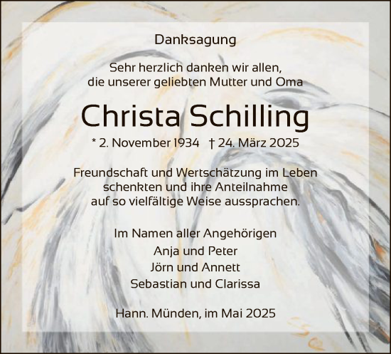 Todesanzeige von Christa Schilling von HNA