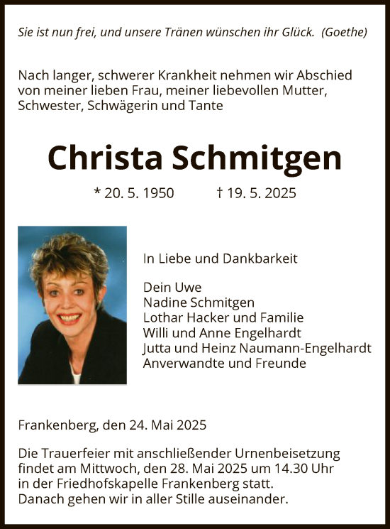 Todesanzeige von Christa Schmitgen von HNA