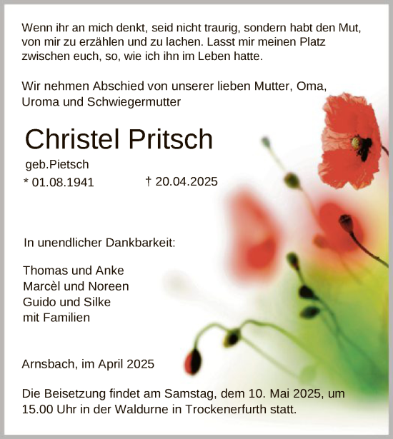 Todesanzeige von Christel Pritsch von HNA
