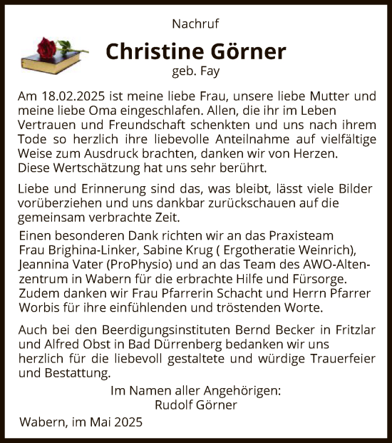 Todesanzeige von Christine Görner von HNA