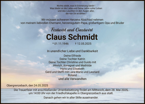 Todesanzeige von Claus Schmidt von HNA