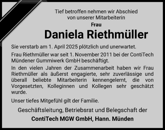 Todesanzeige von Daniela Riethmüller von HNA