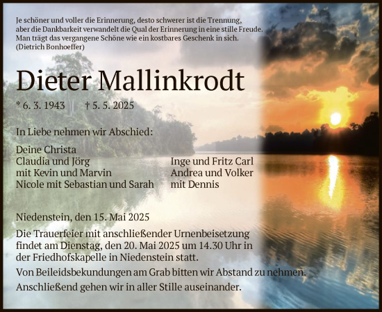 Todesanzeige von Dieter Mallinkrodt von HNA