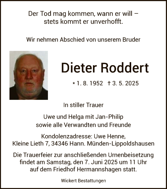 Todesanzeige von Dieter Roddert von HNA