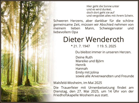 Todesanzeige von Dieter Wenderoth von HNAHNA