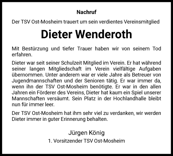 Todesanzeige von Dieter Wenderoth von HNAHNA