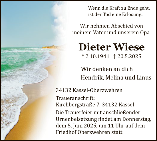 Todesanzeige von Dieter Wiese von HNA