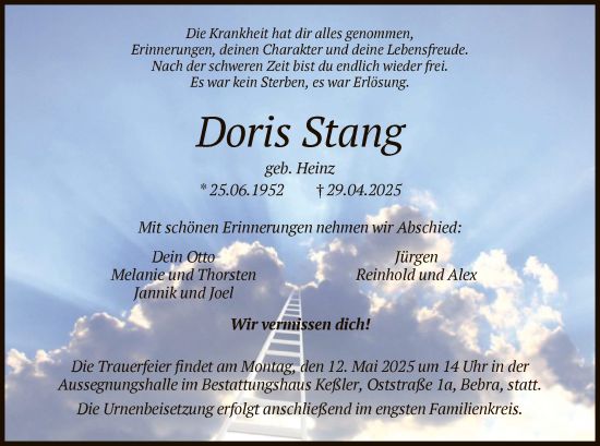 Todesanzeige von Doris Stang von HNAHNA