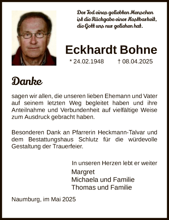 Todesanzeige von Eckhardt Bohne von HNA