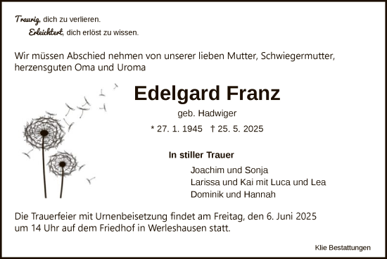 Todesanzeige von Edelgard Franz von HNA