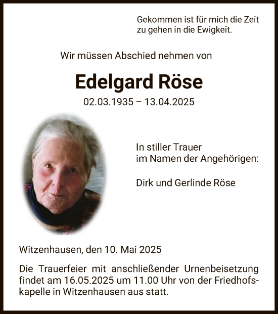 Todesanzeige von Edelgard Röse von HNA