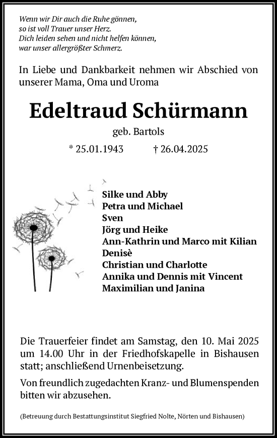 Todesanzeige von Edeltraud Schürmann von HNA