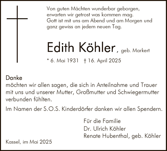 Todesanzeige von Edith Köhler von HNA