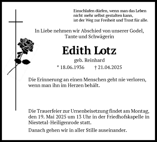 Todesanzeige von Edith Lotz von HNAHNA
