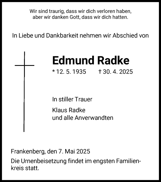 Todesanzeige von Edmund Radke von HNA