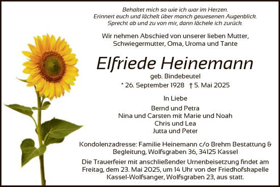 Todesanzeige von Elfriede Heinemann von HNA