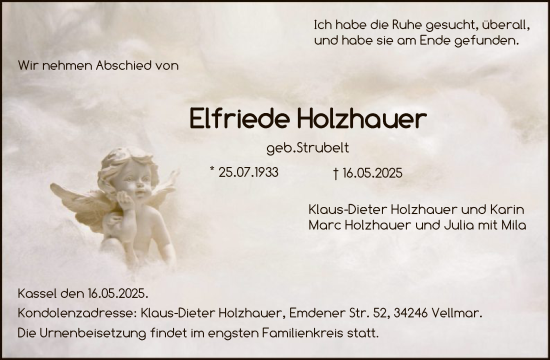 Todesanzeige von Elfriede Holzhauer von HNA