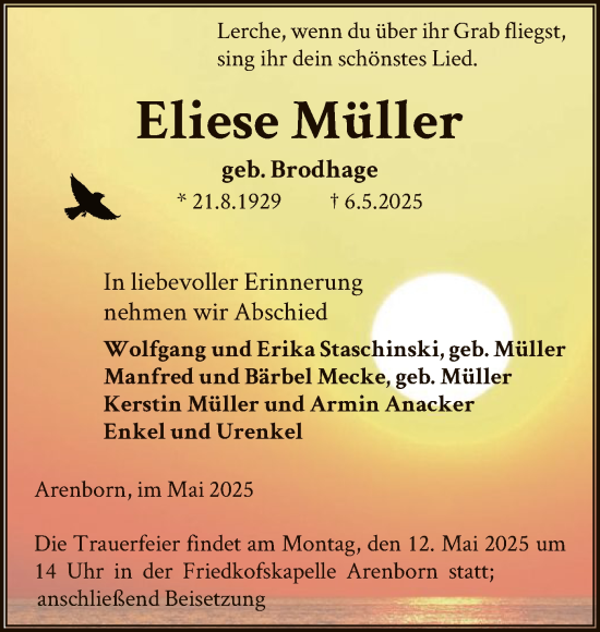 Todesanzeige von Eliese Müller von HNA