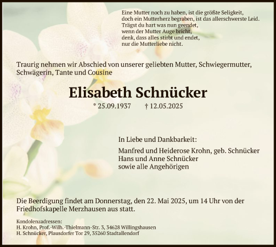 Todesanzeige von Elisabeth Schnücker von HNA