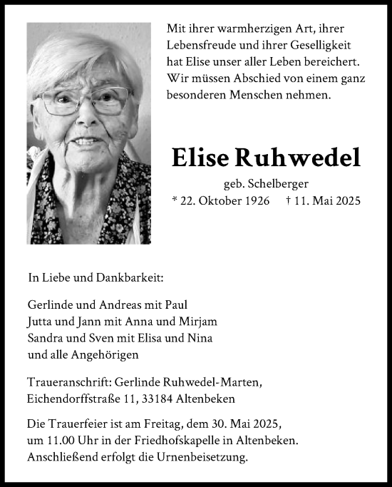 Todesanzeige von Elise Ruhwedel von HNA