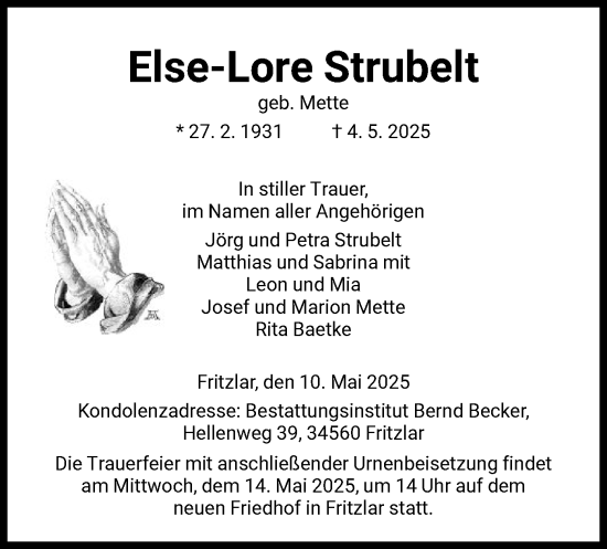 Todesanzeige von Else-Lore Strubelt von HNA