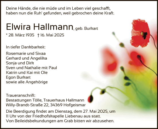 Todesanzeige von Elwira Hallmann von HNA