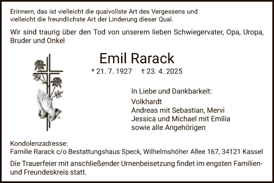Todesanzeige von Emil Rarack von HNA