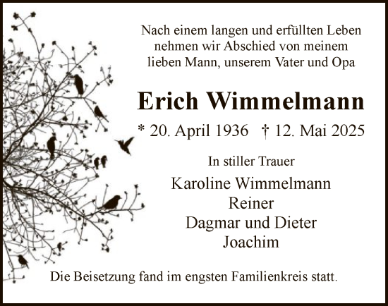 Todesanzeige von Erich Wimmelmann von HNA