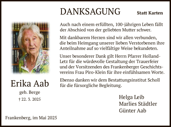Todesanzeige von Erika Aab von HNA