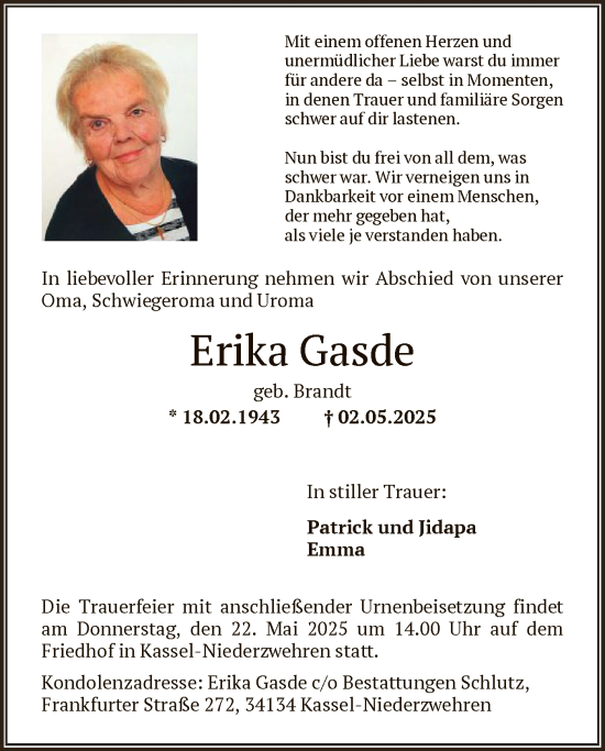 Todesanzeige von Erika Gasde von HNA