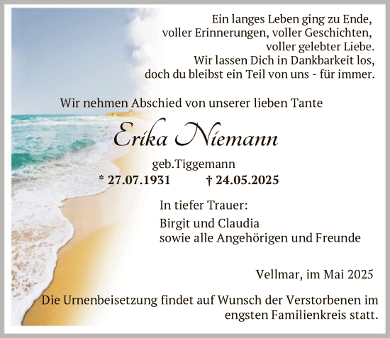 Todesanzeige von Erika Niemann von HNA