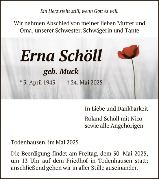 Todesanzeige von Erna Schöll von HNA