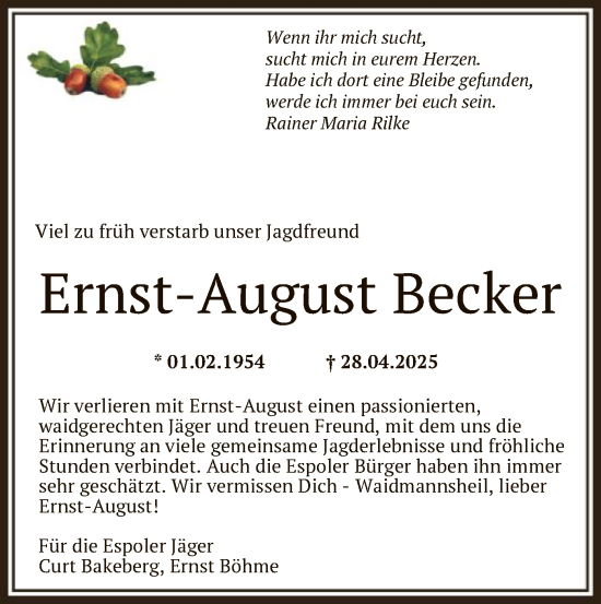 Todesanzeige von Ernst-August Becker von HNA