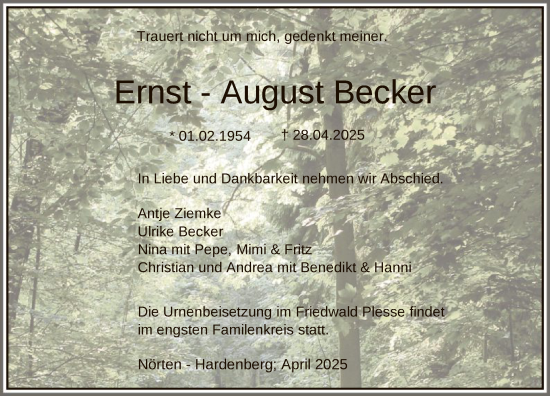 Todesanzeige von Ernst-August Becker von HNA